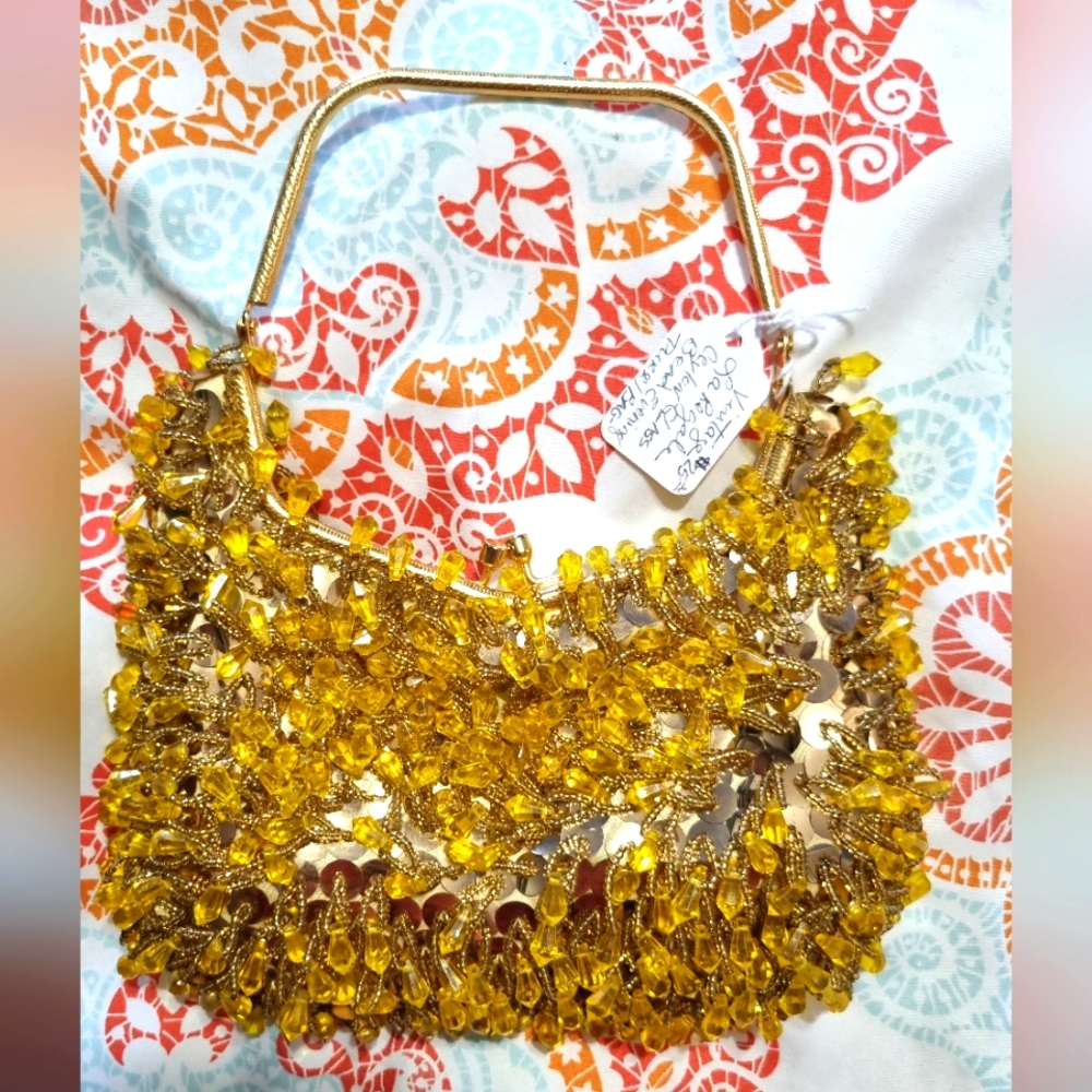 vintage la regale ceylon glass beaded purse with gold metal details